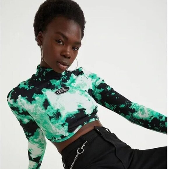No Fear x H&M Long Ribbed Crop Top Women's XL Green Pattern Mock Neck Punk Emo - Picture 1 of 10